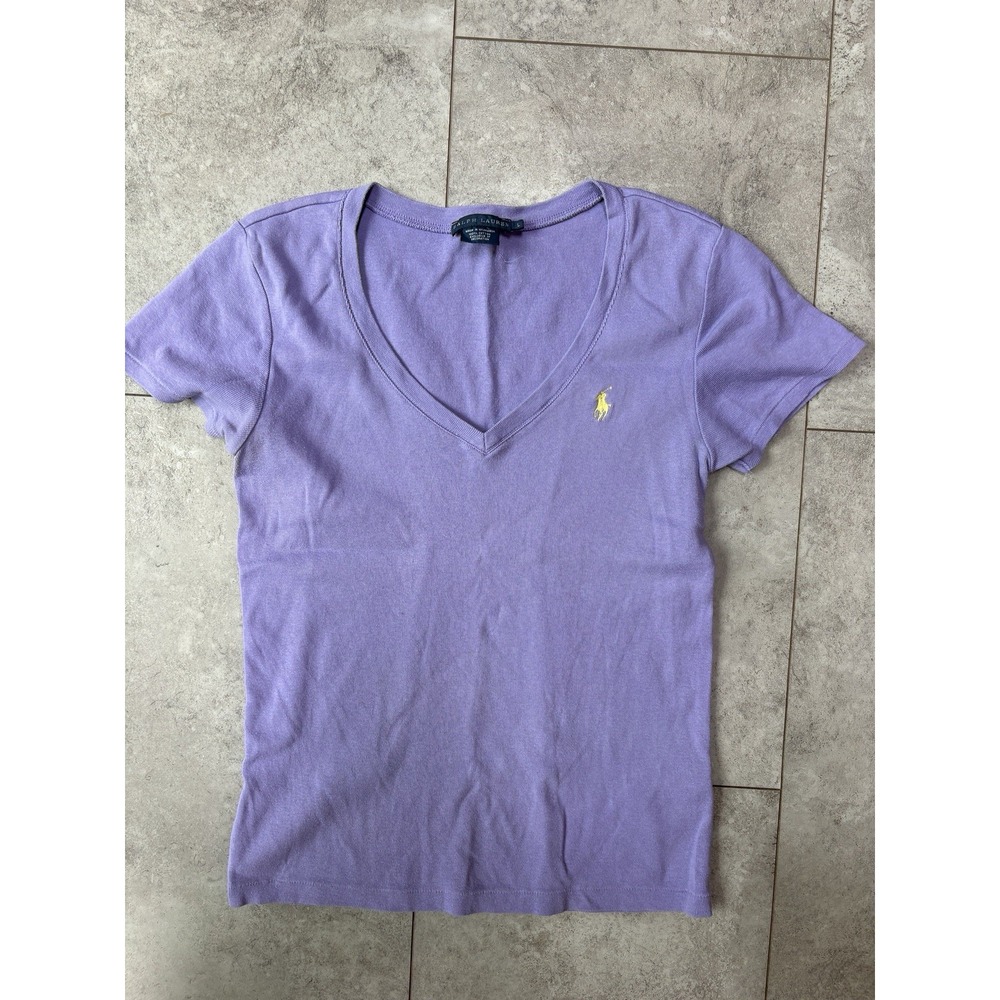 Y2K Ralph Lauren Women's L Purple V Neck T Shirt Yellow Pony Preppy Feminine